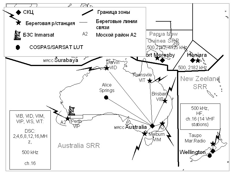 Границы зон ответственности СКЦ в австралийском спасательном регионе.