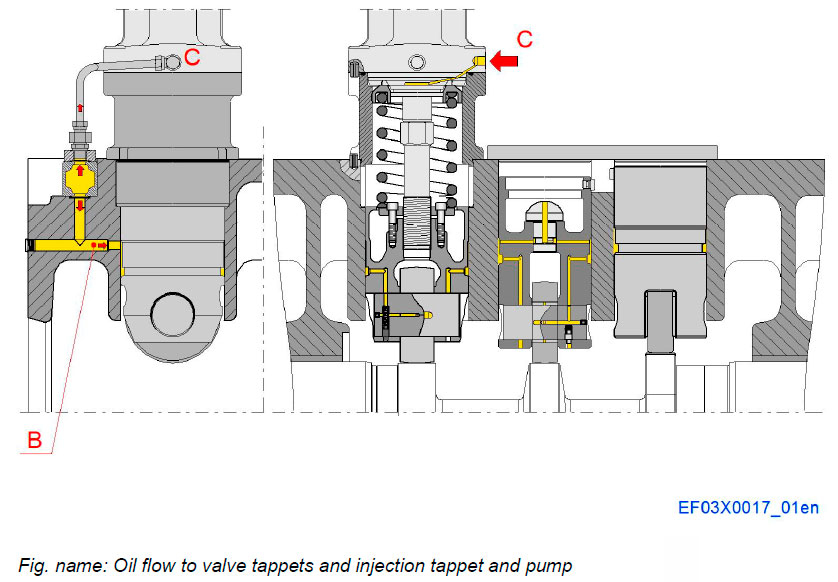 Oil flow to valve tappets and injection tappet and pump
