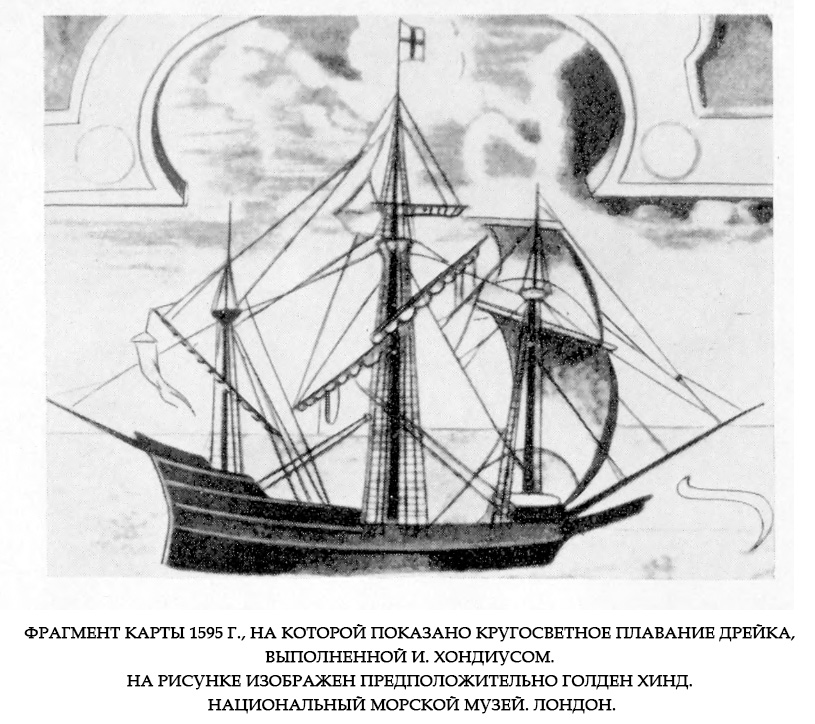 Фрагмент карты 1595 г., на которой показано кругосветное плавание Дрейка