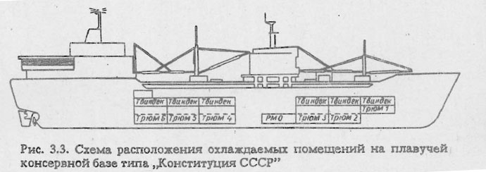 Схема расположения охлаждаемых помещений на плавучей консервной базе типа “Конституция СССР”