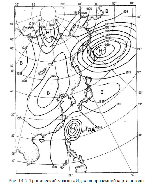 Тропический ураган «Ида» на приземной карте погоды