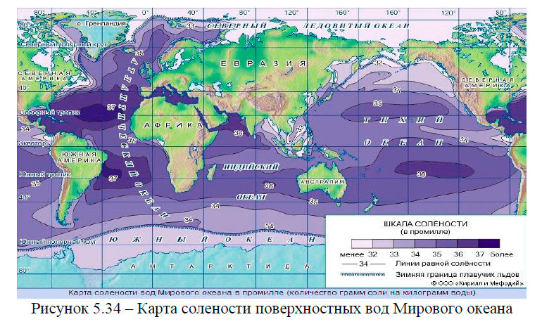 Карта солености поверхностных вод Мирового океана