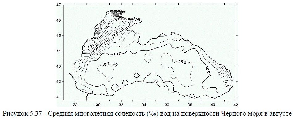 Средняя многолетняя соленость (‰) вод на поверхности Черного моря в августе